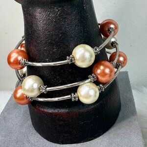 Peach & White Faux Pearl Memory Wire Wrap Bracelet